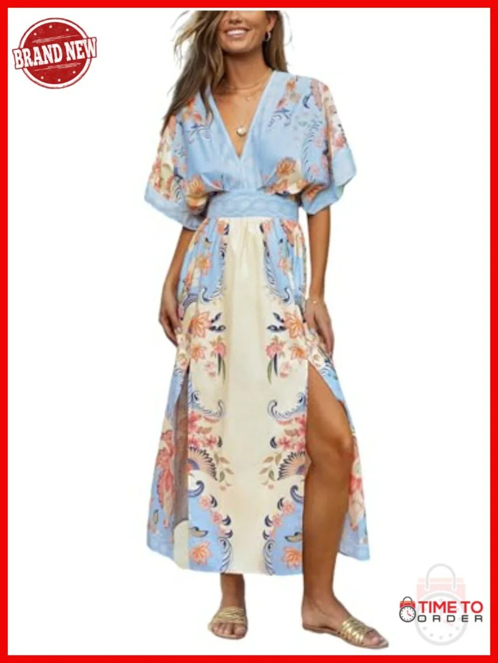 Women's Boho Maxi Dress V-Neck Half Sleeve Side Slit Empire Waist